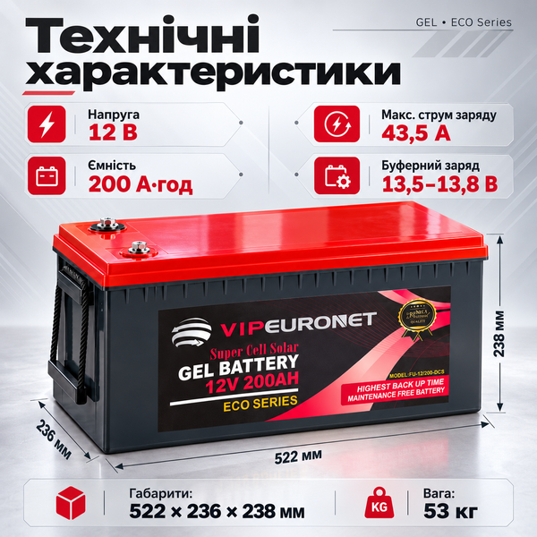 Гелевий акумулятор VIPEURONET 12V 200Ah GEL ECO Series для інвертора та сонячних систем VIP-EURONET фото