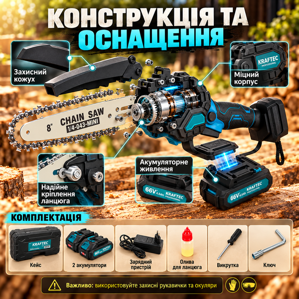 Акумуляторна ланцюгова мініпила Krafftec 20 см, 36 В, 4000 мА&middot;год, у кейсі ws44184-1 фото