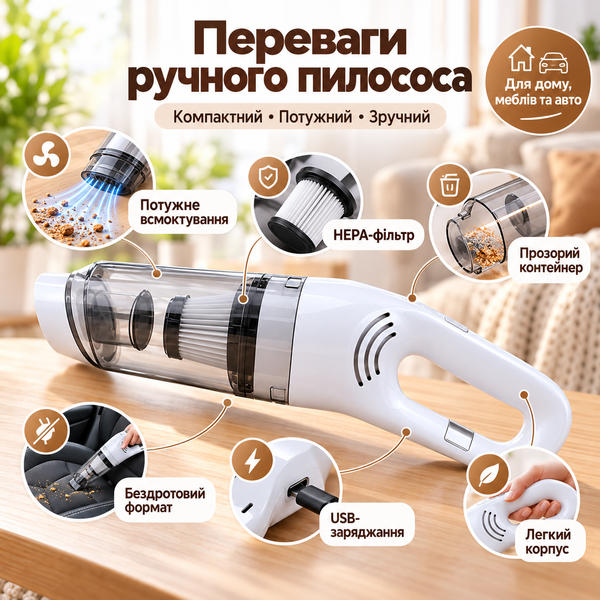 Акумуляторний пилосос JB-168 2-в-1 120 Вт, 12000 Па, HEPA, USB-C 24433886 фото