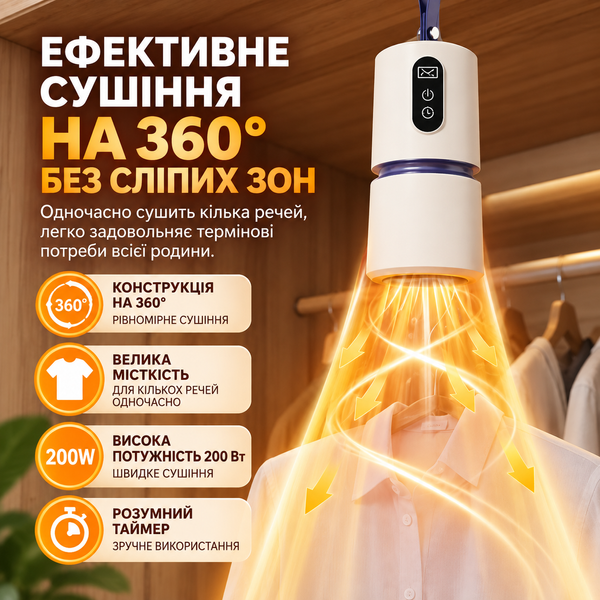 Портативная подвесная электросушилка для одежды 200 Вт с PTC-нагревом 360&deg; и таймером 24433864 фото