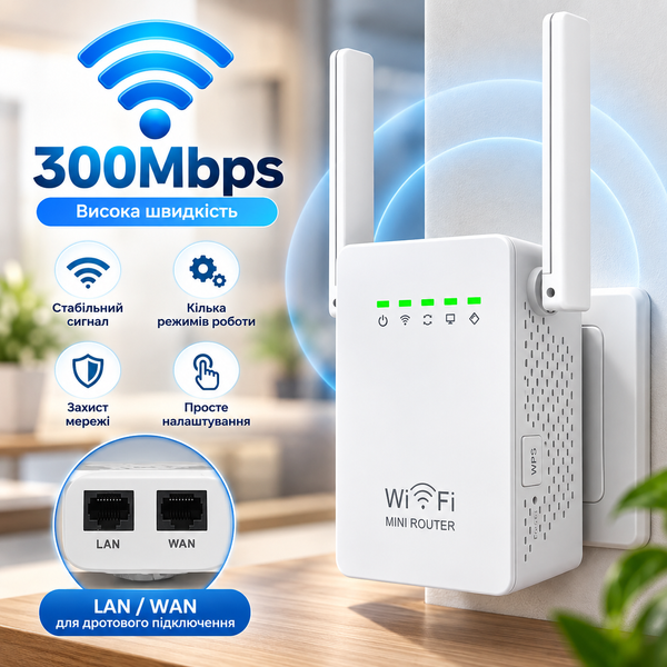 Wi-Fi ретранслятор WR02E до 300 Мбіт/с з 2 антенами та WPS AsKL-02ES фото