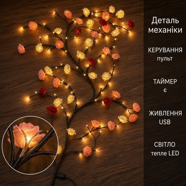 LED-гірлянда з квітами троянди 2,3 м, 144 LED, 8 режимів, USB, з пультом As2575 фото