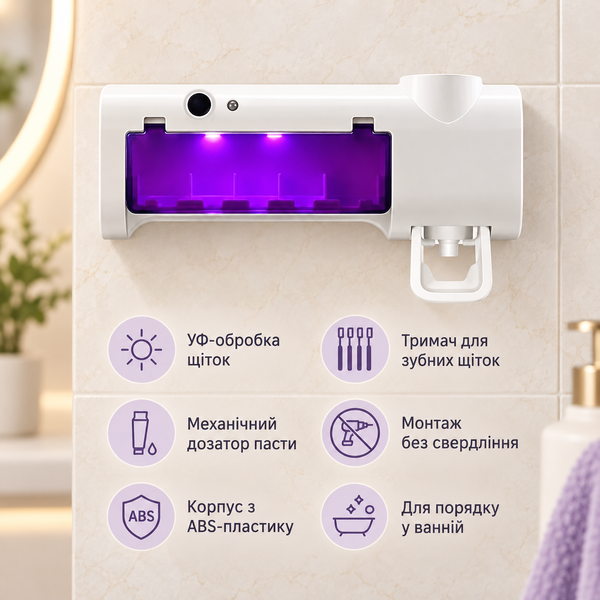 Настінний стерилізатор для зубних щіток BRUSH STERILIZER з УФ-обробкою та дозатором пасти 2017139 фото